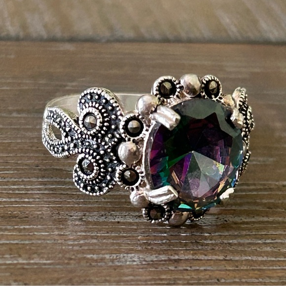 Mystic topaz/Mystic fire green topaz and marcasite 925 Silver  ring 10 - Picture 3 of 14